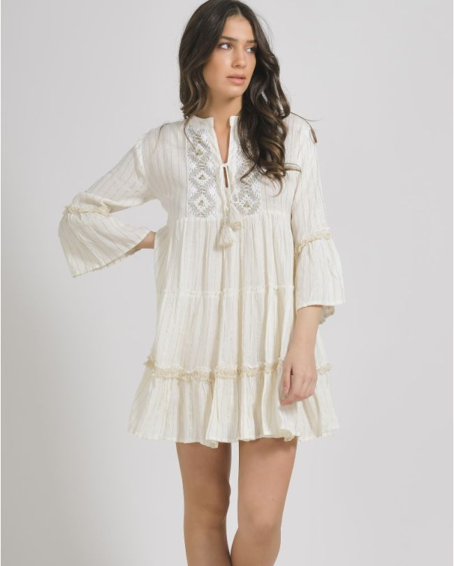 DRESS IN ECRU COLOR WITH GOLD PRINTS ΟΝΕ SIZE(100% VISCOSE)