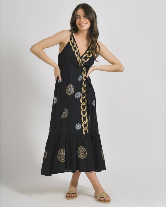 WRAP SLEEVELESS DRESS IN BLACK COLOR WITH GOLD/WHITE PRINTS ΟΝΕ SIZE(100% COTTON)