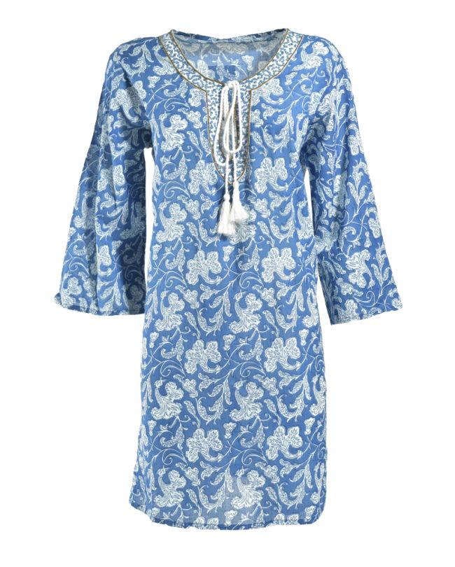 SHORT DRESS/TUNIC IN BLUE/WHITE COLOR ONE SIZE (100% COTTON)