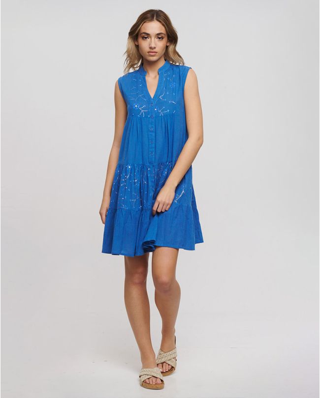 SHORT SLEEVELESS DRESS IN BLUE COLOR WITH BUTTONS ONE SIZE (100% COTTON)
