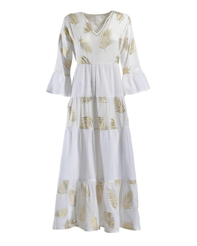 LONG DRESS WITH LONG SLEEVES IN WHITE COLOR WITH FOIL PRINTS ONE SIZE (100% COTTON)