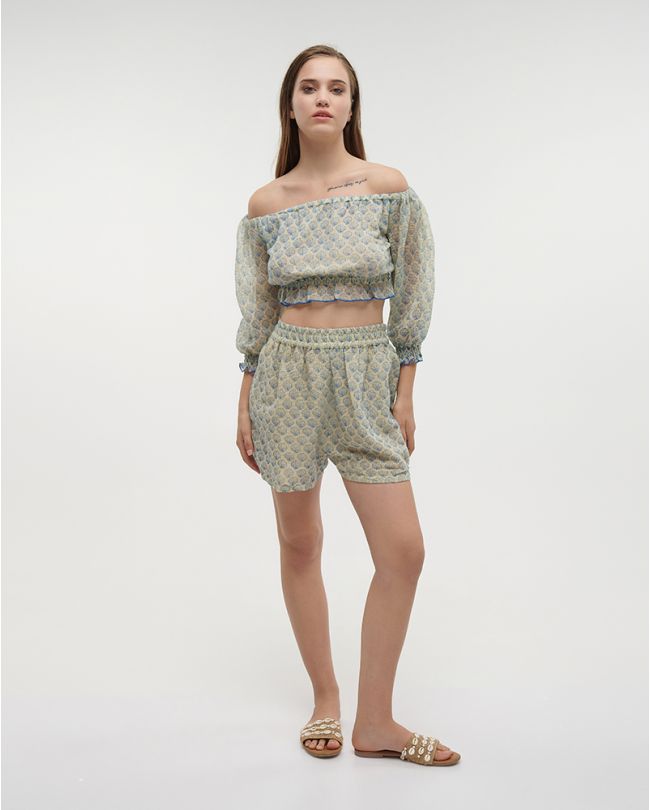 TOP WITH 3/4 SLEEVES IN WHITE/BLUE COLOR ONE SIZE (100% COTTON)