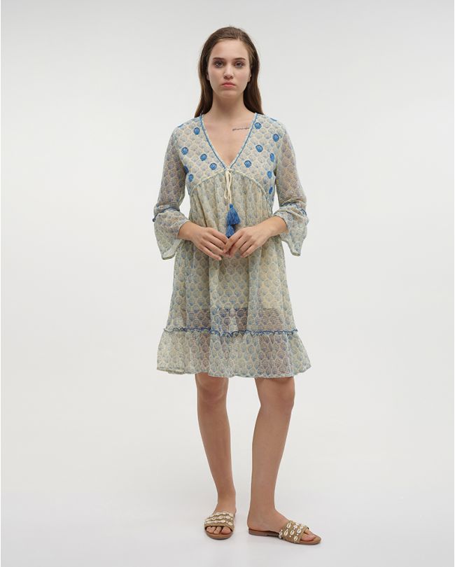 SHORT DRESS WITH 3/4 SLEEVES IN WHITE/ BABY BLUE COLOR ONE SIZE (100% COTTON)