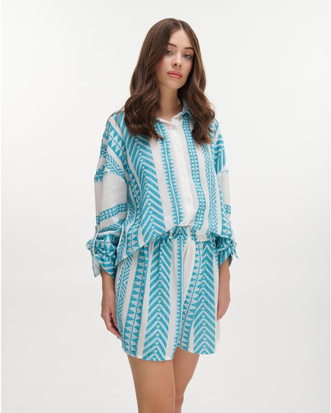 SHIRT WITH LONG SLEEVES IN WHITE/TURQUOISE COLOR ONE SIZE (100% COTTON)