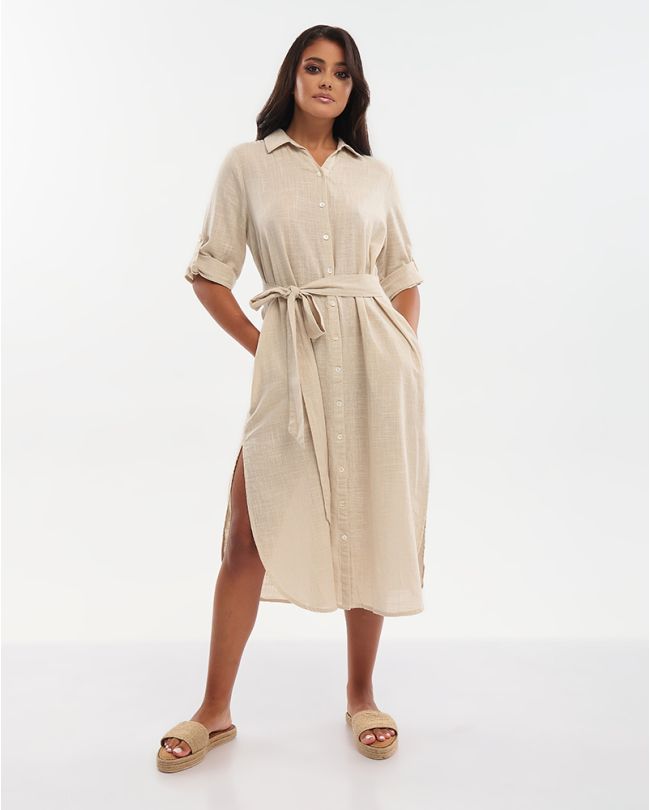 ΠΟΥΚΑΜΙΣΑ ΜΑΚΡΙΑ ΜΕ 3/4 ΜΑΝΙΚΙ ΚΑΙ ΖΩΝΗ ΜΠΕΖ M/L (100% COTTON SLUB)