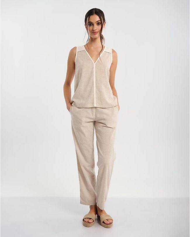 SLEEVELESS TOP IN BEIGE COLOR WITH ECRU DETAILS M/L (100% COTTON LINEN)