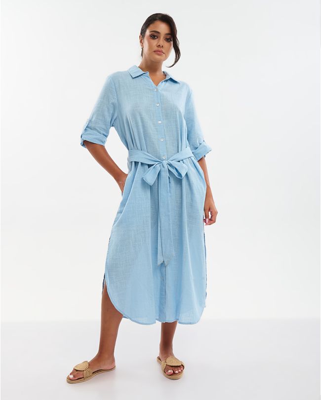 ΠΟΥΚΑΜΙΣΑ ΜΑΚΡΙΑ ΜΕ 3/4 ΜΑΝΙΚΙ ΚΑΙ ΖΩΝΗ ΓΑΛΑΖΙΑ M/L (100% COTTON SLUB)