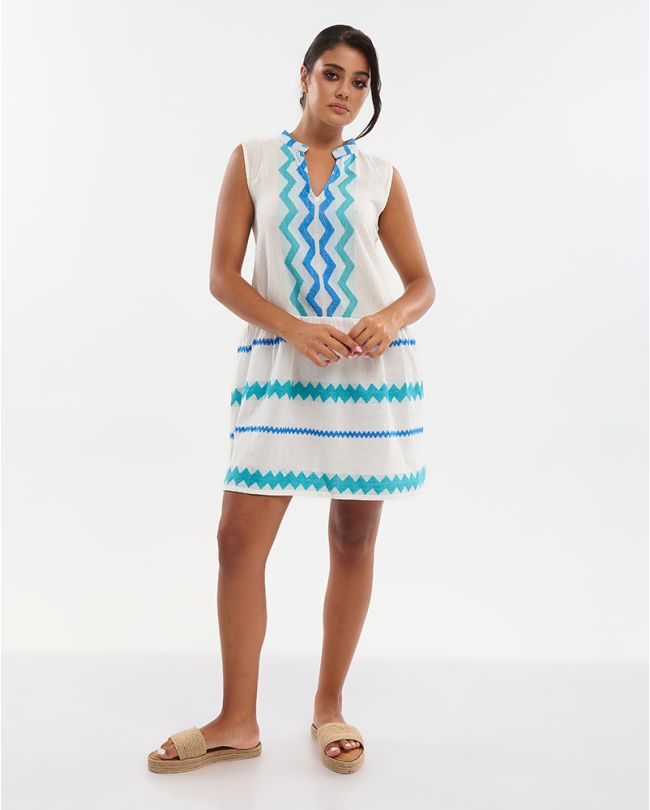 ΦΟΡΕΜΑ ΚΟΝΤΟ ΑΜΑΝΙΚΟ ΛΕΥΚΌ ΜΕ ΜΠΛΕ/ΤΥΡΚΟΥΑΖ ΛΕΠΤΟΜΕΡΕΙΕΣ ONE SIZE (100% COTTON)