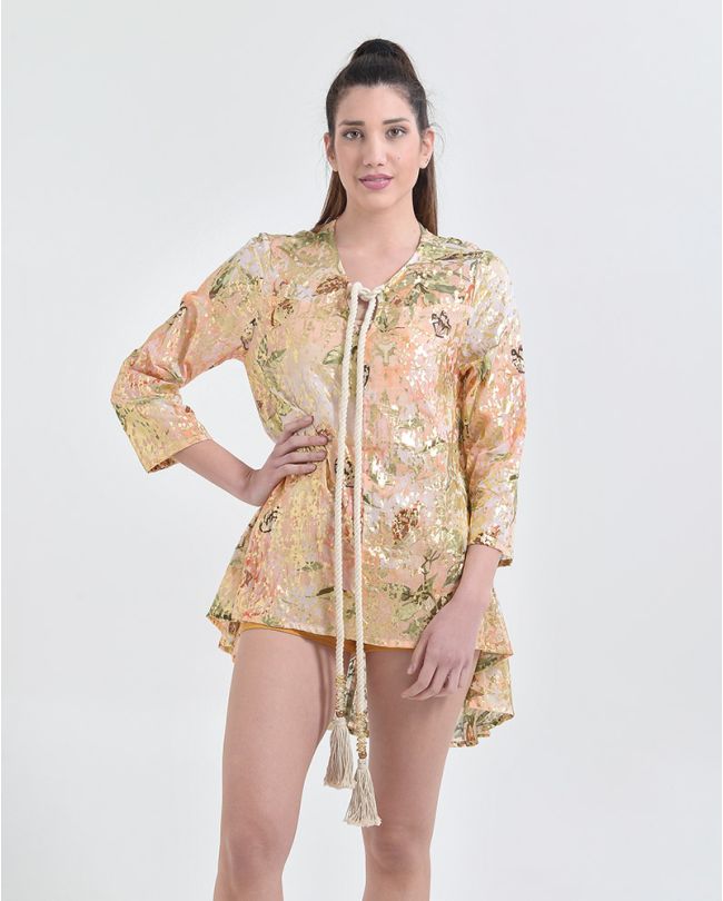 BLOUSE IN PINK COLOR WITH GOLD PRINTS AND FLOWERS ONE SIZE