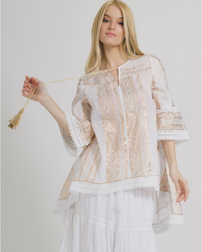 ASYMMETRIC DRESS IN WHITE/COPPER COLOR WITH BEADS AND LACE ONE SIZE ( 100% COTTON)