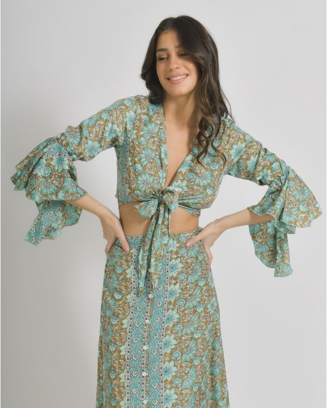 TOP/BLOUSE IN BROWN/GREEN COLOR WITH GOLD DETAILS ONE SIZE  (100% CREPE)