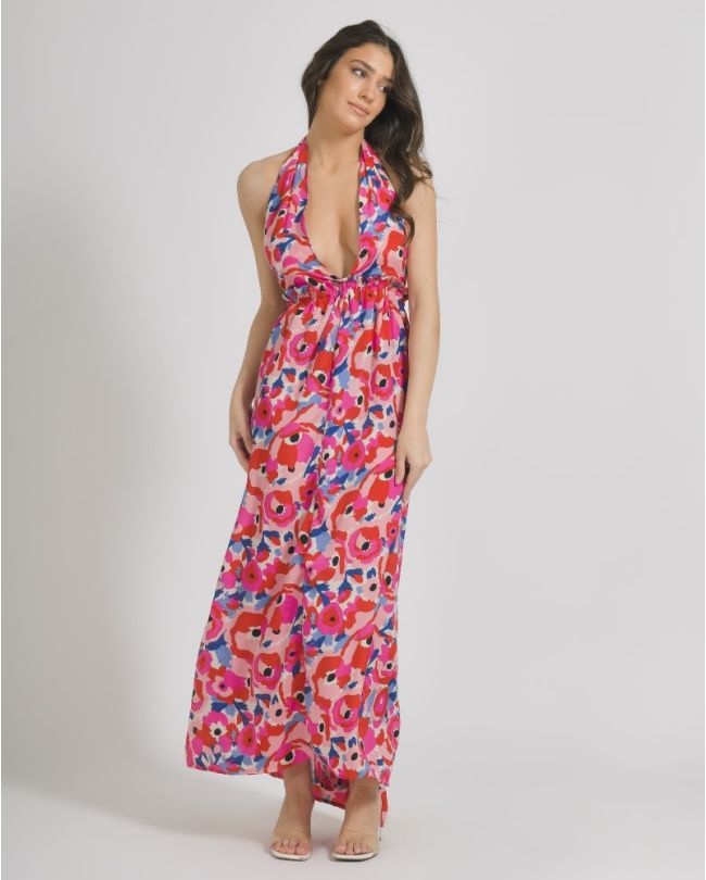 SLEEVELESS DRESS IN RED/FUCHSIA  COLOR ONE SIZE  (100% CREPE)