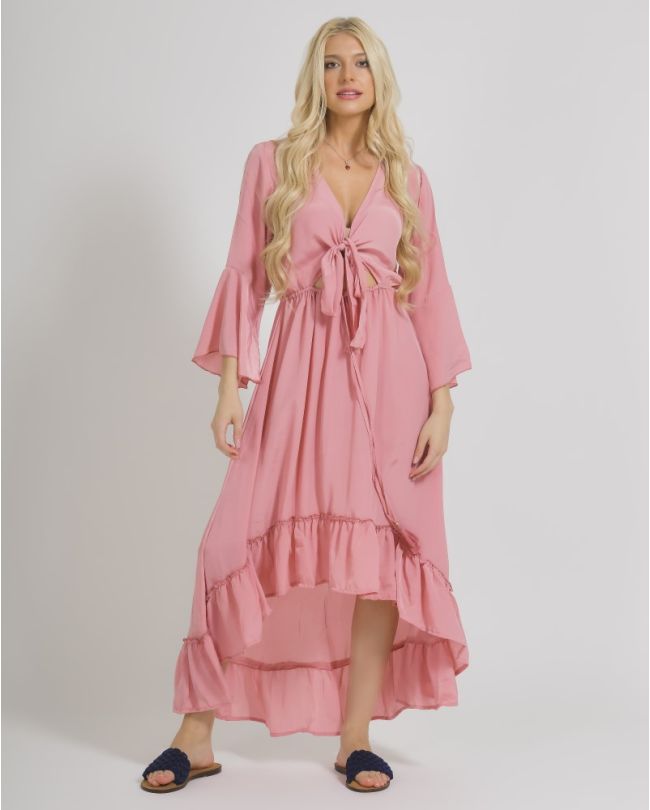 CUT-OUT DRESS IN PINK COLOR ONE SIZE (100% CREPE)