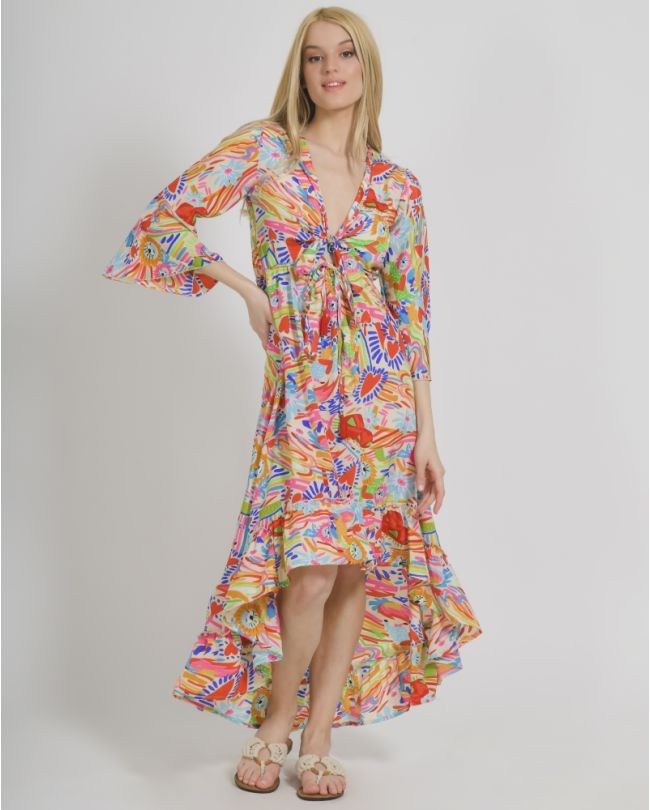 CUT-OUT DRESS  WITH MULTICOLOR DESIGNS ONE SIZE  (100% CREPE)