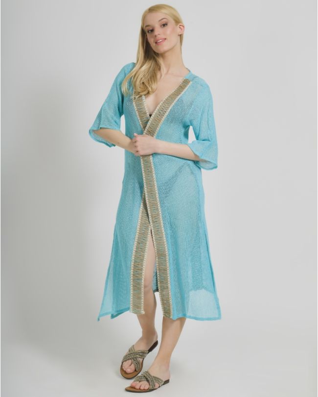 KIMONO IN TURQUOISE COLOR WITH BEIGE DETAILS (100% COTTON)