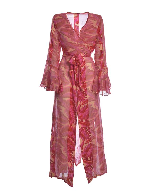 LONG KIMONO WITH TRANSPARENT DETAILS IN FUCHSIA/RED COLOR WITH LEAVES