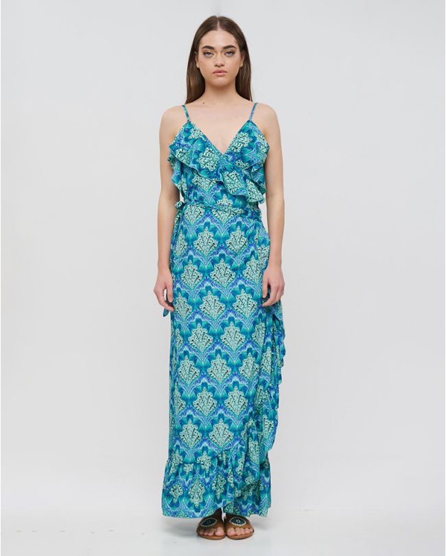 SLEEVELESS WRAP DRESS IN BLUE/TURQUOISE COLOR WITH GOLD DETAILS ONE SIZE(100% CREPE)
