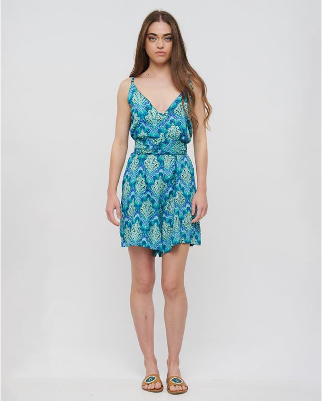 SHORT SLEEVELESS JUMPSUIT IN BLUE/TURQUOISE COLOR WITH GOLD DETAILS ONE SIZE(100% CREPE)