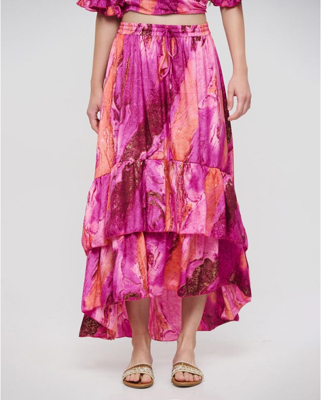 ASYMMETRIC SKIRT WITH RUFFLES IN PURPLE/PINK COLOR WITH GOLD DETAILS S/M (100% CREPE)