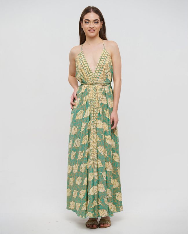 LONG BACKLESS DRESS IN GREEN/BROWN COLOR WITH LEAVES AND GOLD DETAILS ONE SIZE(100% CREPE)