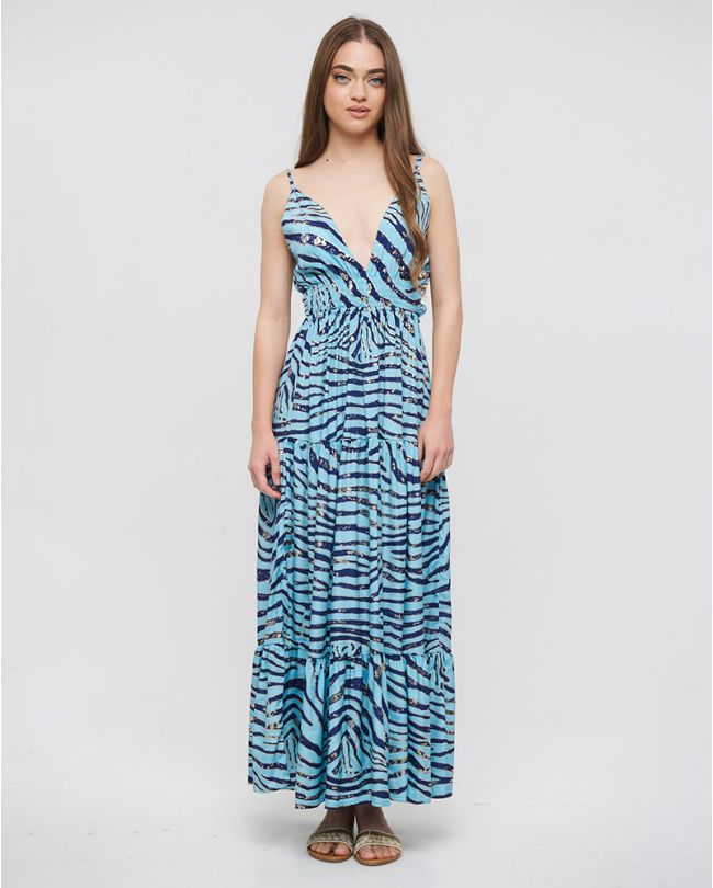 ΦΟΡΕΜΑ ΜΑΚΡΥ AMANIKO ΜΠΛΕ ''ΖΕΒΡΕ'' ΜΕ ΑΣΗΜΙ/ΧΡΥΣΕΣ ΛΕΠΤΟΜΕΡΕΙΕΣ ONE SIZE(100% CREPE)