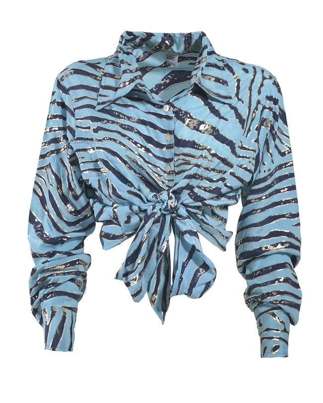 CROP SHIRT WITH KNOT IN BLUE COLOR WITH SILVER/GOLD DETAILS ONE SIZE(100% CREPE)
