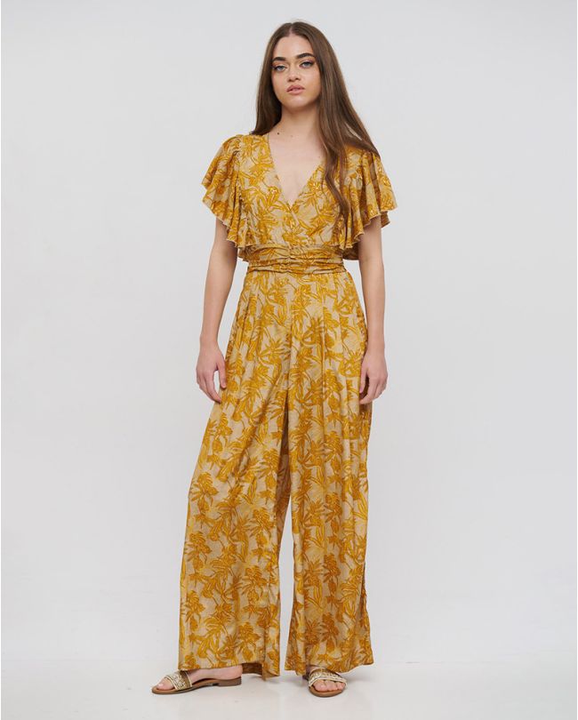 LONG SHORTSLEEVED JUMPSUIT IN BROWN/MUSTARD COLOR WITH GOLD DETAILS ONE SIZE(100% CREPE)