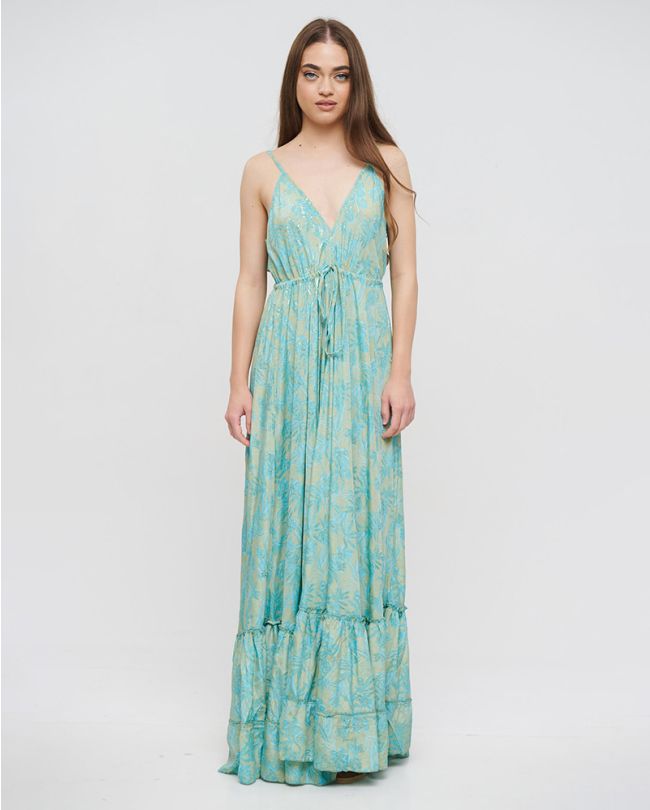 LONG BACKLESS DRESS WITH RUFFLES IN BLUE/LIGHT BLUE COLOR WITH GOLD DETAILS ONE SIZE(100% CREPE)