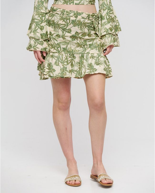 SHORT WRAP SKIRT/PAREO IN ECRU/GREEN COLOR WITH GOLD DETAILS M/L (100% CREPE)