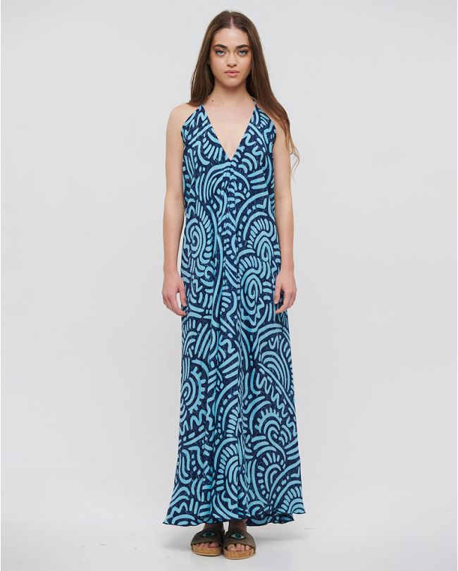 LONG BACKLESS DRESS IN BLUE COLOR WITH PATTERNS ONE SIZE(100% CREPE)