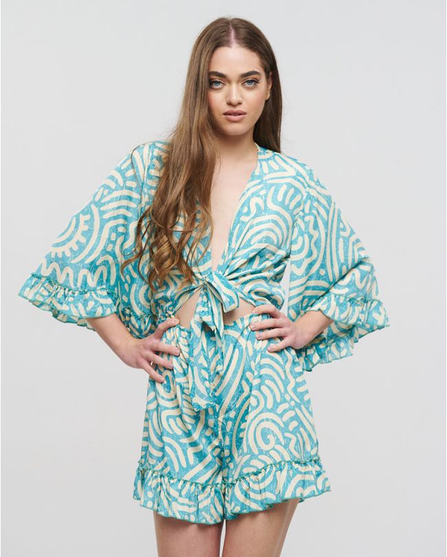 SHORT JUMPSUIT IN TURQUOISE COLOR WITH PATTERNS ONE SIZE(100% CREPE)
