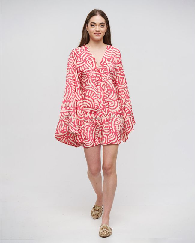 SHORT KIMONO IN VIVID PINK COLOR WITH PATTERNS ONE SIZE(100% CREPE)