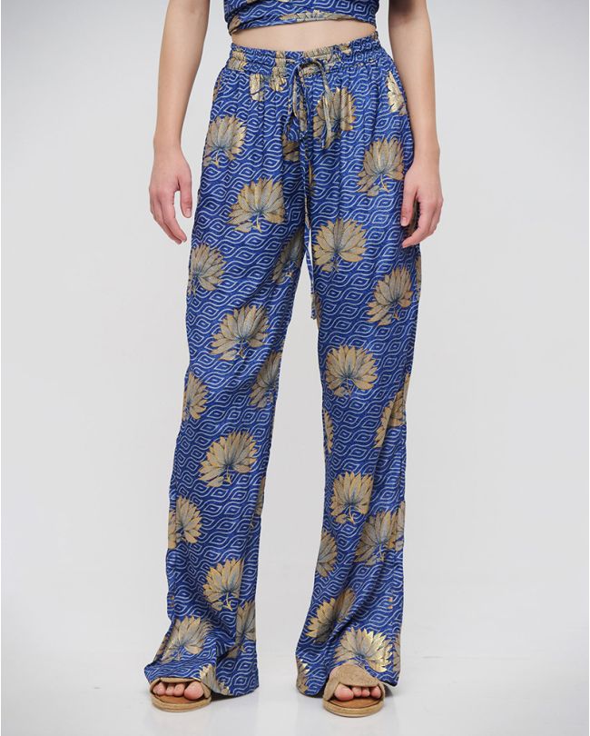 PANTS WITH POCKETS IN BLUE COLOR WITH GOLD FLOWERS S/M (100% CREPE)