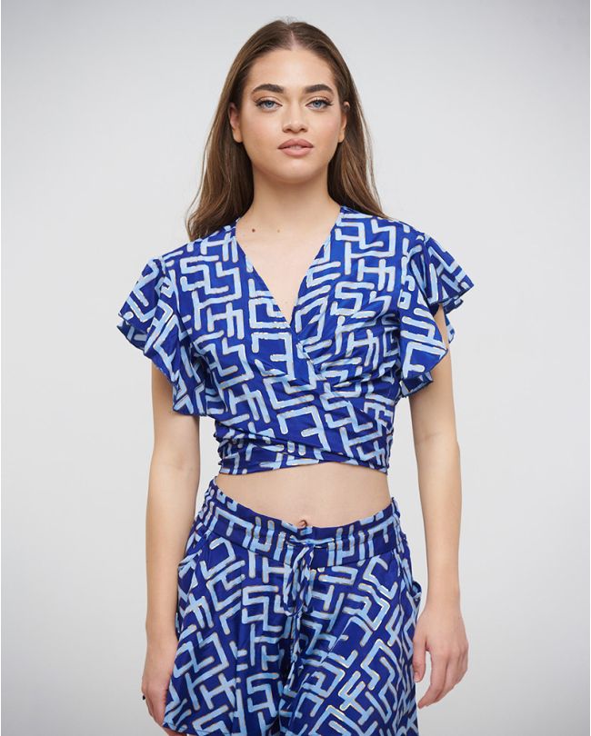 CROP TOP WITH KNOT IN BLUE/LIGHT BLUE COLOR WITH GOLD DETAILS ONE SIZE (100%CREPE)