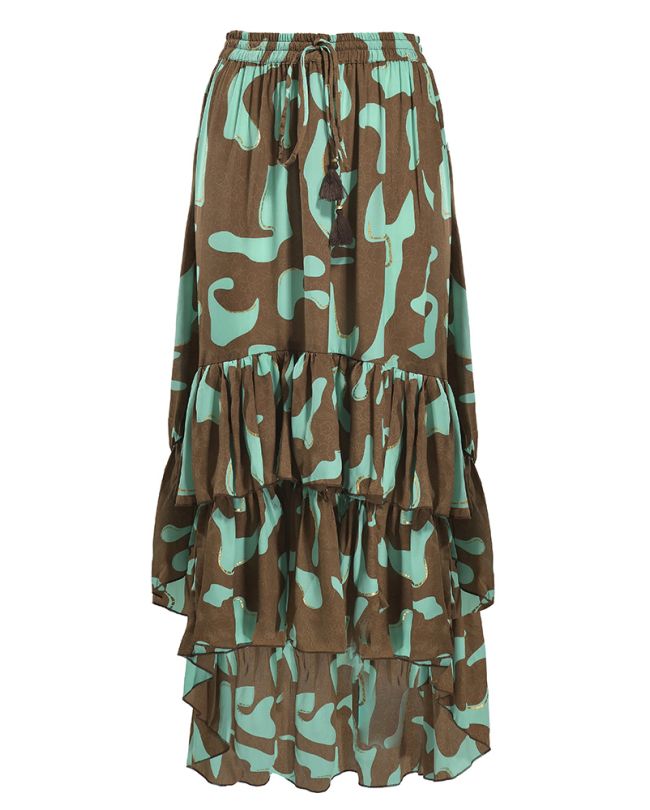 ASYMMETRIC SKIRT WITH RUFFLES ''CAMOUFLAGE'' IN BROWN/MINT COLOR S/M (100% CREPE)