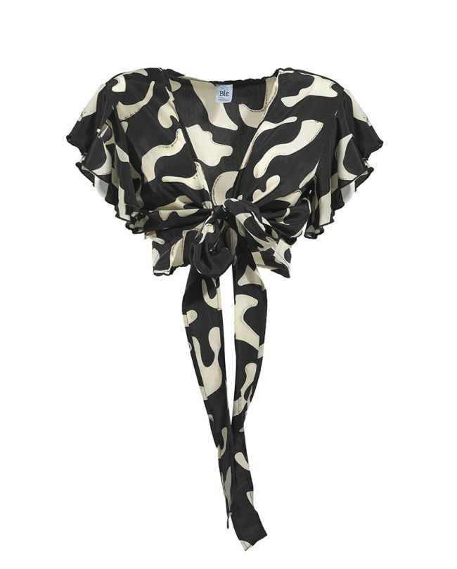 CROP WRAP TOP ''CAMOUFLAGE'' IN BLACK/ECRU COLOR ONE SIZE (100% CREPE)