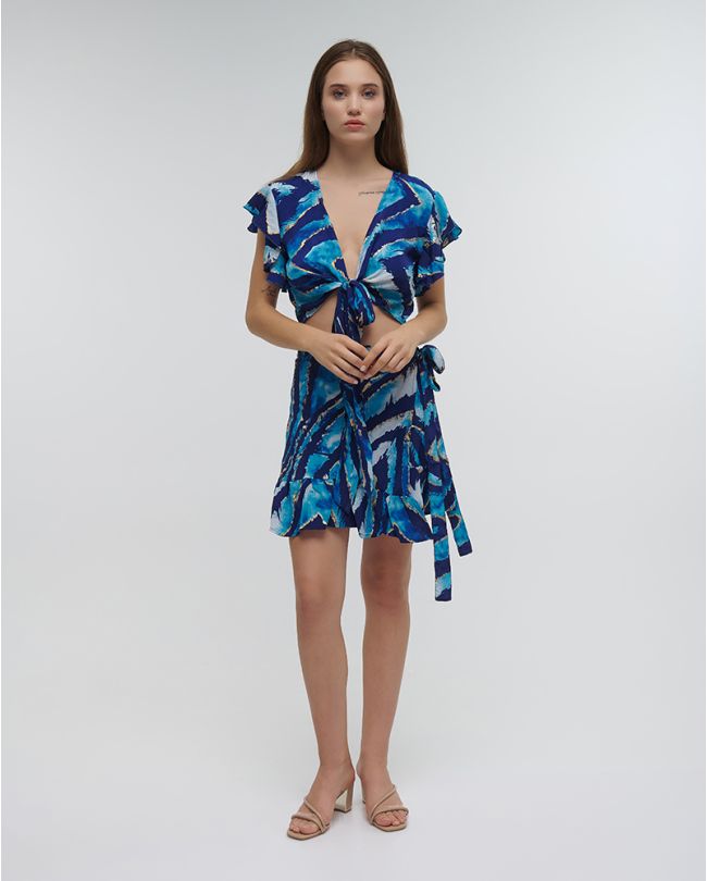 CROP WRAP TOP ''TIE DYE'' IN BLUE COLOR ONE SIZE (100% CREPE)