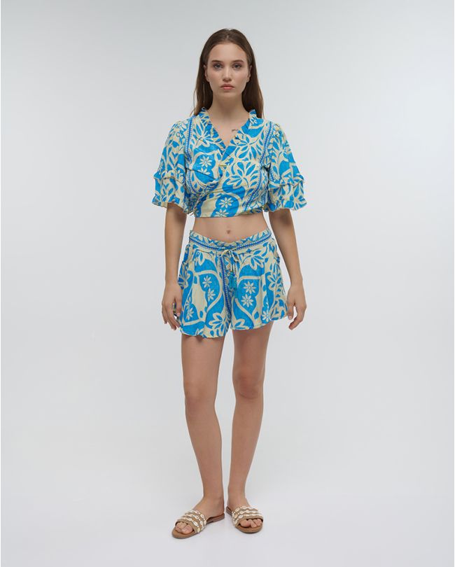 CROP WRAP TOP PRINTED WITH FLOWERS COLOR WITH GOLD DETAILS ONE SIZE (100% CREPE)