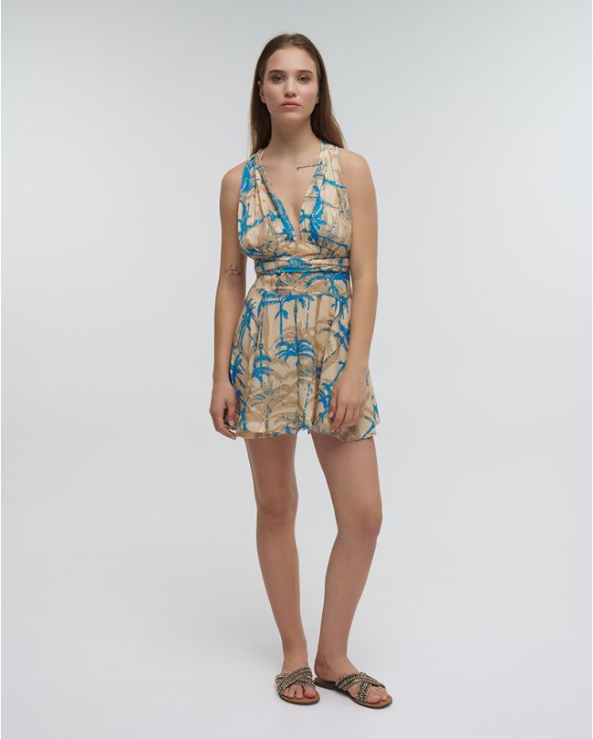 SHORT MULTIFORM DRESS ''PALMS'' IN TURQUOISE/BEIGE COLOR WITH GOLD DETAILS ONE SIZE (100% CREPE)