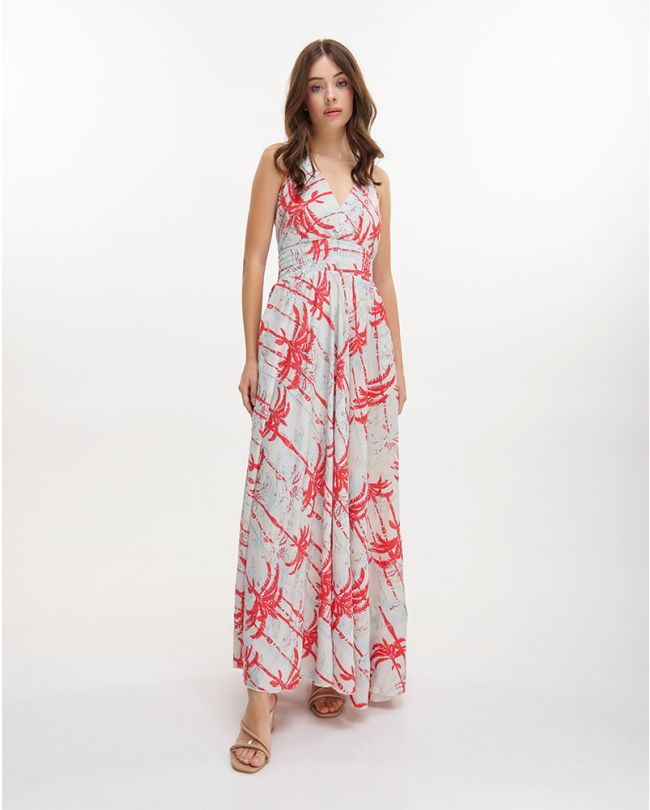 LONG BACKLESS DRESS WITH RUFFLES ''PALMS'' IN PINK/ BABY BLUE COLOR WITH GOLD DETAILS ONE SIZE (100% CREPE)