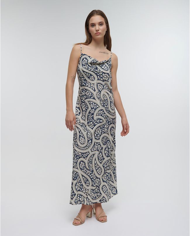 LONG PRINTED DRESS WITH STRAPS AND LEAVES IN BLUE/WHITE COLOR WITH GOLD DETAILS ONE SIZE (100% CREPE)