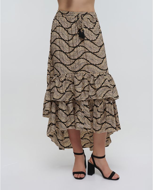 ASYMMETRIC SKIRT WITH RUFFLES ''LEAF'' IN BLACK COLOR WITH GOLD DETAILS ONE SIZE (100% RAYON)