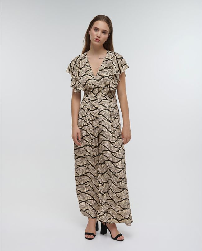 LONG SHORTSLEEVED JUMPSUIT ''LEAF'' IN BLACK COLOR WITH GOLD DETAILS ONE SIZE (100%RAYON)