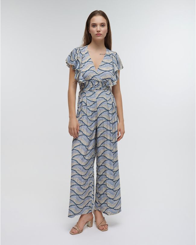 LONG SHORTSLEEVED JUMPSUIT ''LEAF'' IN BLUE COLOR WITH GOLD DETAILS ONE SIZE (100%RAYON)