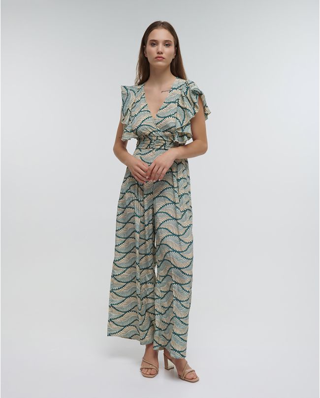 LONG SHORTSLEEVED JUMPSUIT ''LEAF'' IN GREEN COLOR WITH GOLD DETAILS ONE SIZE (100%RAYON)