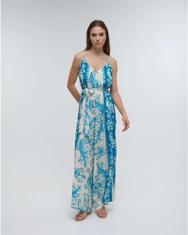 LONG SLEEVELESS JUMPSUIT IN TURQUOISE COLOR WITH GOLD DETAILS ONE SIZE (100%RAYON)