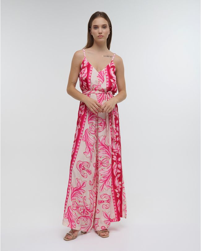 LONG SLEEVELESS JUMPSUIT IN FUCHSIA COLOR WITH GOLD DETAILS ONE SIZE (100%RAYON)