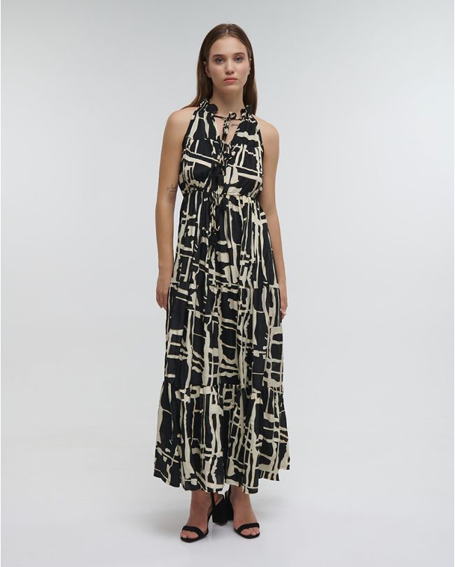 LONG SLEEVELESS DRESS ''BLOCKS'' IN BLACK COLOR WITH GOLD DETAILS ONE SIZE (100% CREPE)