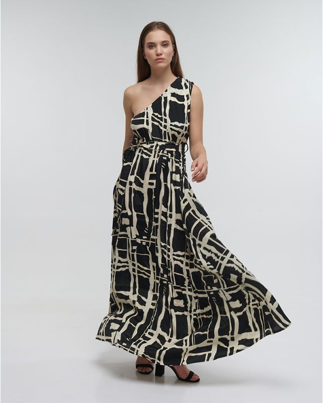 LONG ONE-SHOULDER DRESS ''BLOCKS'' IN BLACK COLOR WITH GOLD DETAILS ONE SIZE (100% CREPE)