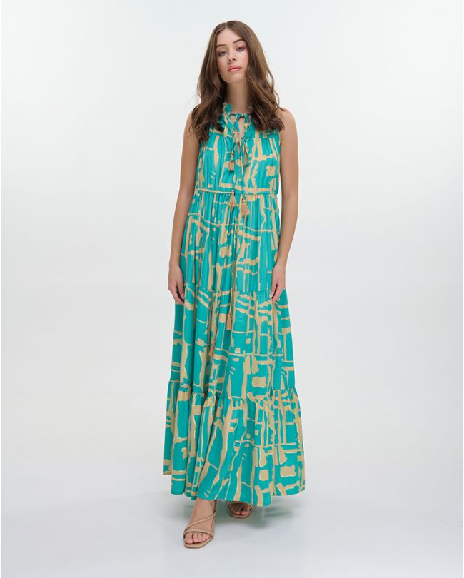 ΦΟΡΕΜΑ ΜΑΚΡΥ ΑΜΑΝΙΚΟ ''BLOCKS'' ΤΙΡΚΟΥΑΖ ΜΕ ΧΡΥΣΕΣ ΛΕΠΤΟΜΕΡΕΙΕΣ ONE SIZE (100% CREPE)